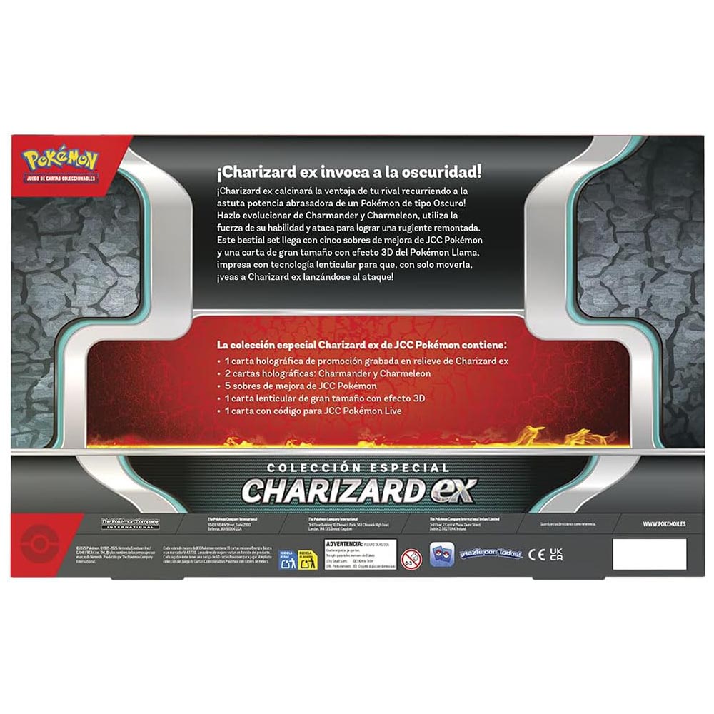 Parte trasera de la Colección Especial Charizard ex de Pokémon TCG Escarlata y Púrpura. Muestra la descripción del producto y el contenido de la caja: 1 carta promocional holográfica de Charizard ex, 2 cartas holográficas de Charmander y Charmeleon, 5 sobres de mejora, 1 carta lenticular gigante con efecto 3D y 1 código para Pokémon TCG Live.