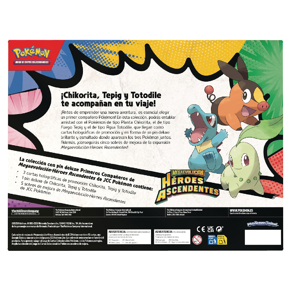 Parte trasera de la Colección Deluxe con Pin Primeros Compañeros de Pokémon Megaevolución Héroes Ascendentes con descripción y contenido del producto.