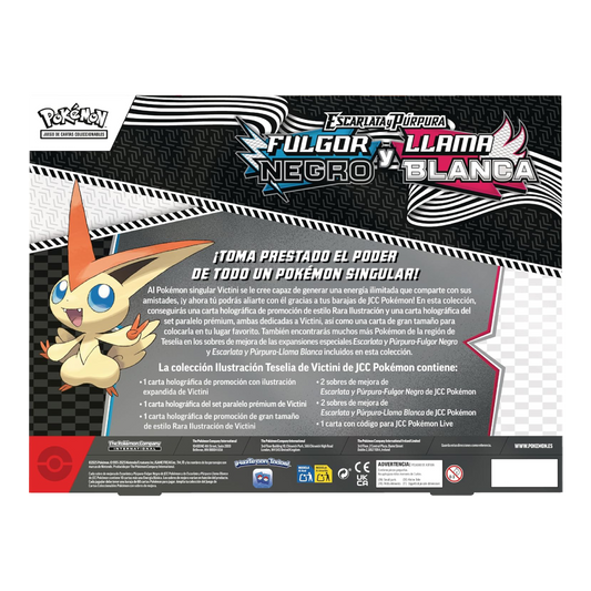 Parte trasera de la Colección Ilustración Victini de Pokémon JCC mostrando el contenido incluido.