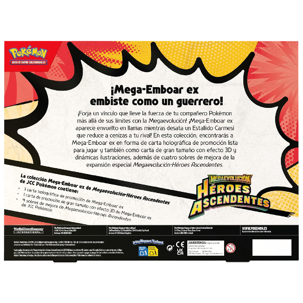 Parte trasera de la colección Mega-Emboar ex de Pokémon Megaevolución Héroes Ascendentes con información y contenido incluido.