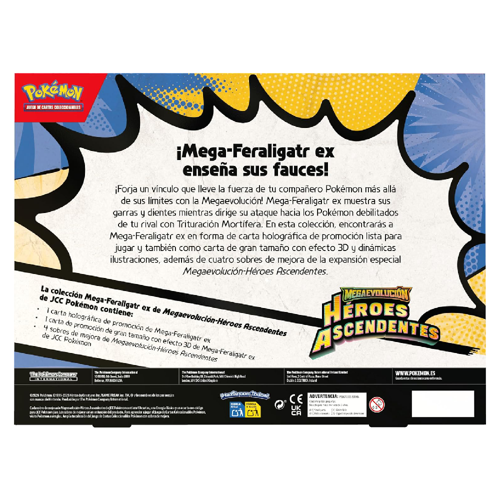 Parte trasera de la colección Mega-Feraligatr ex de Pokémon Megaevolución Héroes Ascendentes con información y contenido incluido.