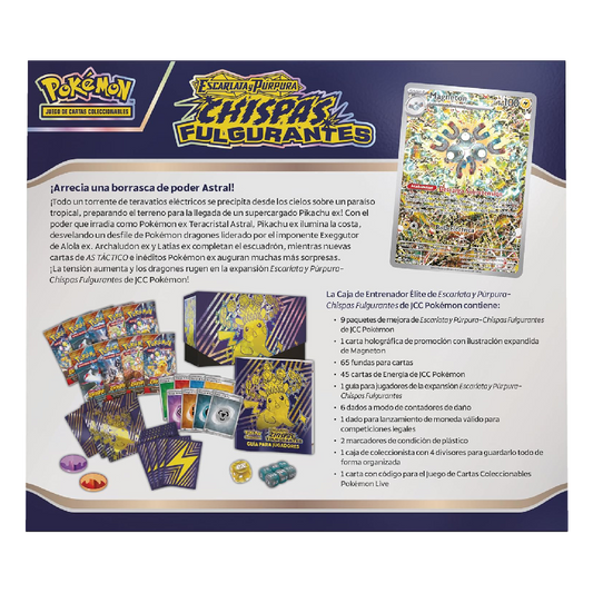 Parte trasera de la Caja de Entrenador Élite Pokémon Escarlata y Púrpura Chispas Fulgurantes con lista completa de contenidos.