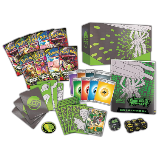 Contenido de la ETB Megaevolución Equilibrio Perfecto con sobres, fundas, energías y accesorios Pokémon TCG