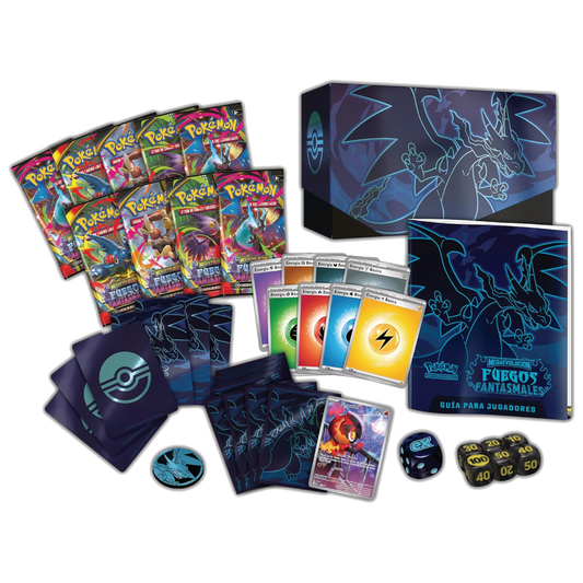 Contenido de la Caja de Entrenador Élite Pokémon Megaevolución Fuegos Fantasmales con 9 sobres, fundas temáticas, carta promocional de Charcadet y accesorios oficiales Pokémon TCG.
