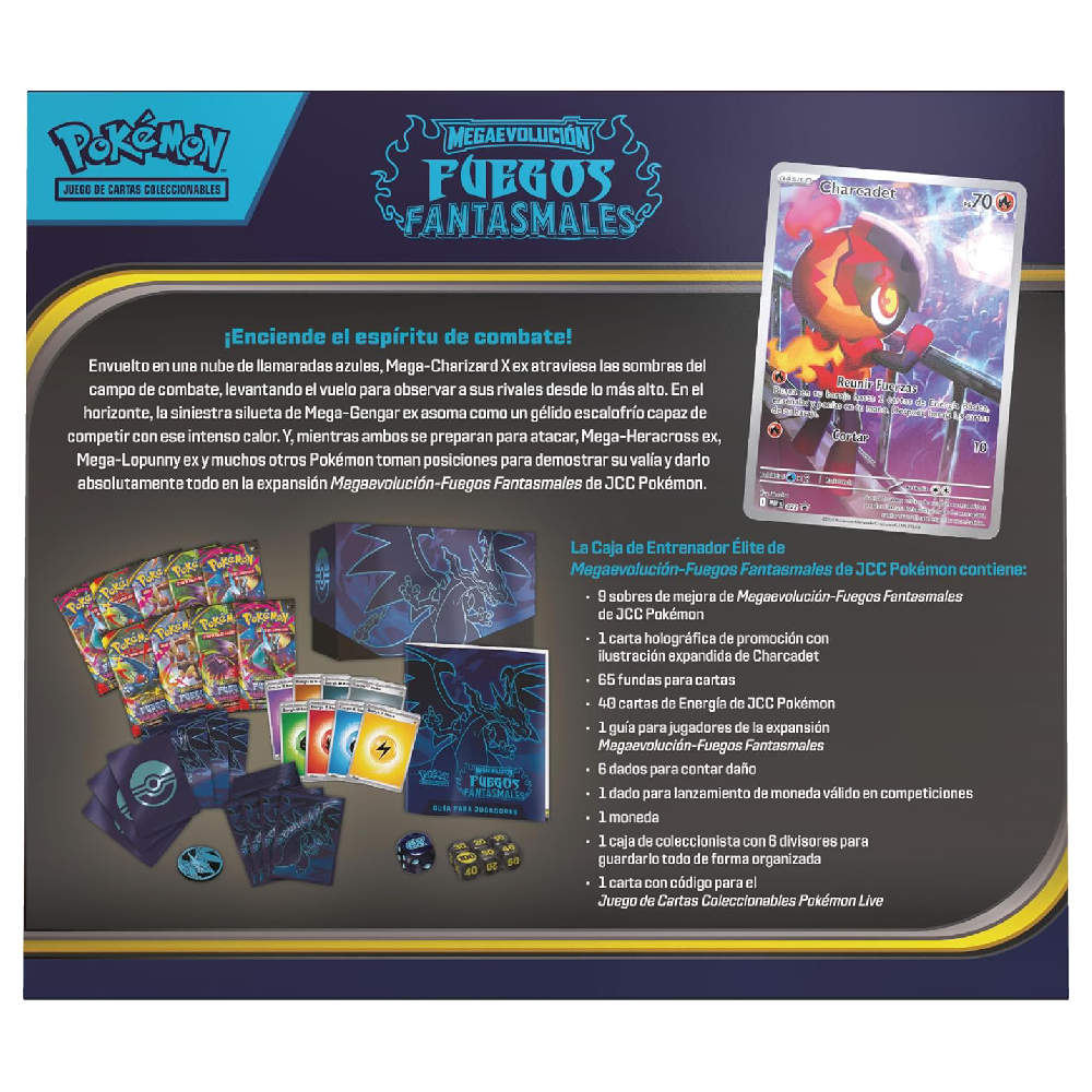 Parte trasera de la Caja de Entrenador Élite Pokémon Megaevolución Fuegos Fantasmales con información y lista completa del contenido.