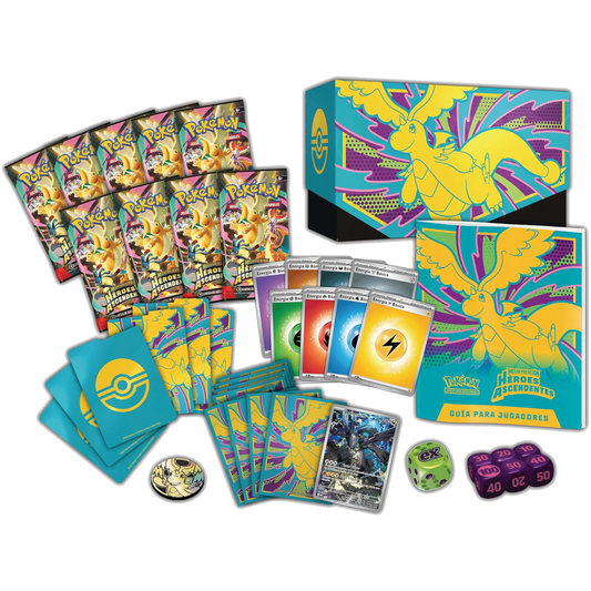 Contenido de la Caja de Entrenador Élite Pokémon Megaevolución Héroes Ascendentes con 9 sobres, fundas temáticas, carta promocional de Zekrom de N y accesorios oficiales Pokémon TCG.