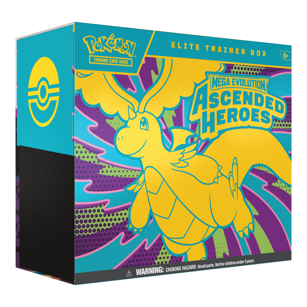 Caja de Entrenador Élite Pokémon TCG Megaevolución Héroes Ascendentes con Mega-Dragonite ex y diseño en colores turquesa y amarillo. Asdended Heroes en inglés.