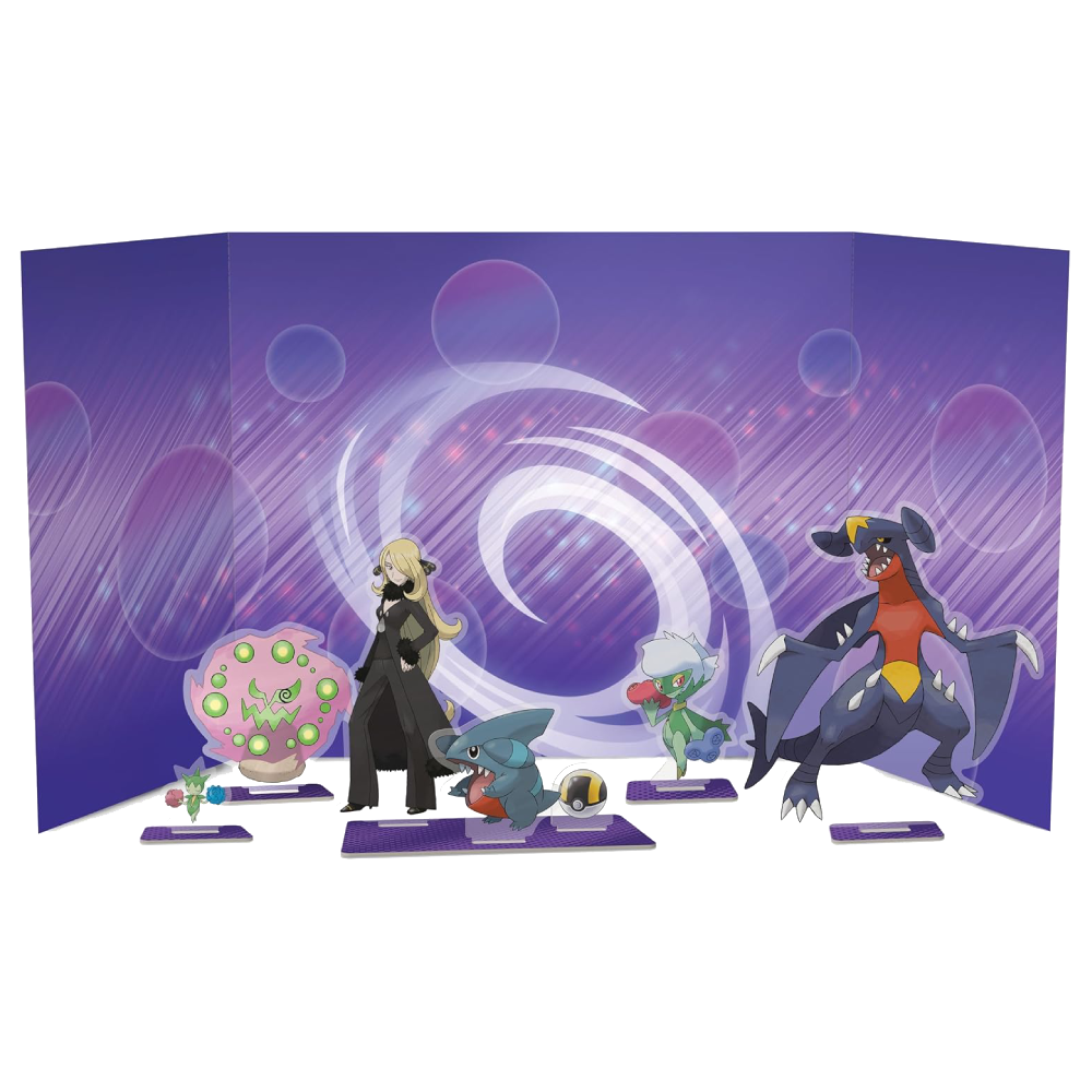 Set de figuras acrílicas y fondo expositor incluidos en la Colección Premium Cynthia y Garchomp ex.