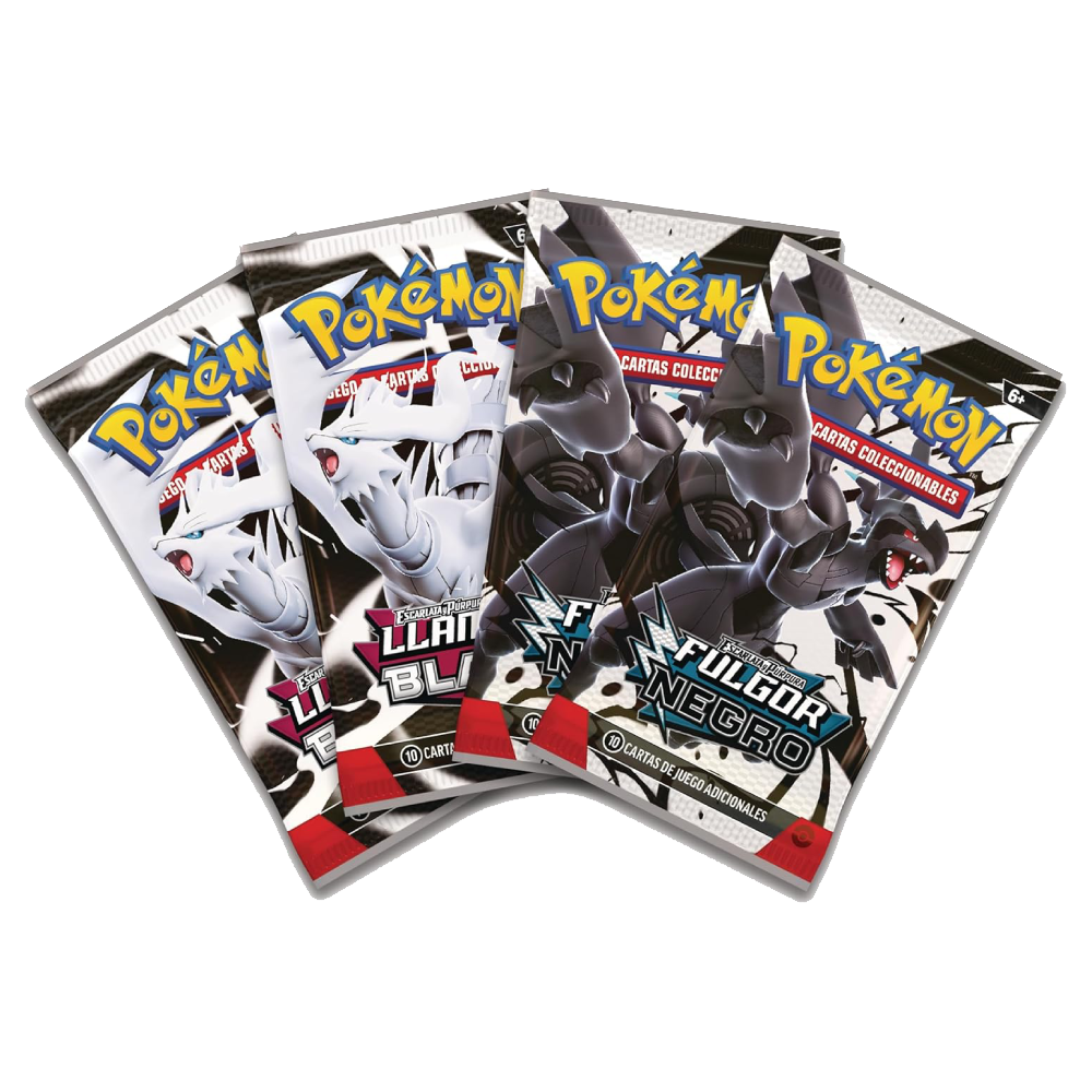 Sobres de mejora Fulgor Negro y Llama Blanca incluidos en la Colección Ilustración Victini de Pokémon JCC.