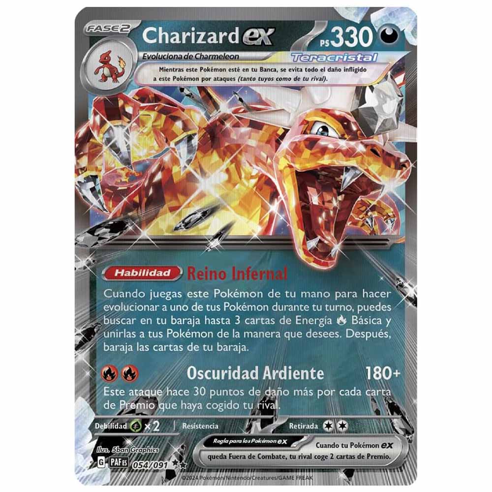 Carta promocional holográfica Charizard ex Teracristal de Pokémon TCG Escarlata y Púrpura, con 330 PS y habilidad Reino Infernal. Ilustración de Charizard con efecto cristalizado y acabado holográfico.