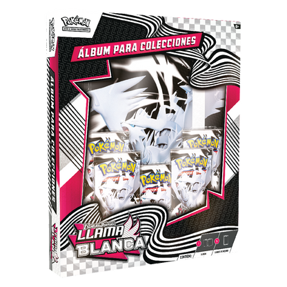 Álbum para Colecciones Pokémon TCG Escarlata y Púrpura: Llama Blanca. Incluye un álbum temático para almacenar y proteger cartas Pokémon, con diseño inspirado en Reshiram, además de 5 sobres de mejora de la expansión Llama Blanca. Producto oficial de Pokémon Juego de Cartas Coleccionables ideal para organizar y ampliar cualquier colección.