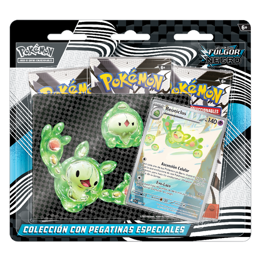 Colección con pegatinas especiales Pokémon Escarlata y Púrpura Fulgor Negro con 3 sobres de mejora, carta promocional de Reuniclus y pegatina exclusiva.