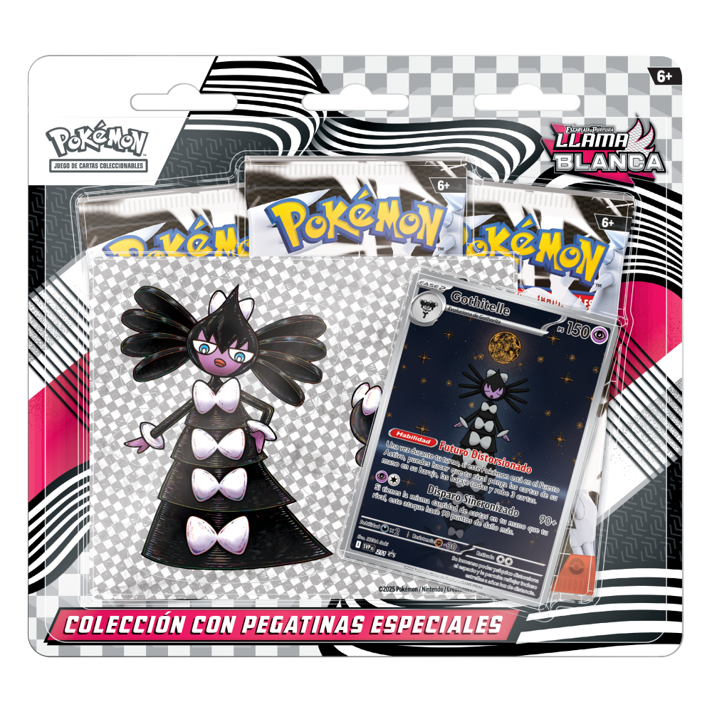 Colección con pegatinas especiales Pokémon Escarlata y Púrpura Llama Blanca con 3 sobres de mejora, carta promocional de Gothitelle y hoja de pegatinas.