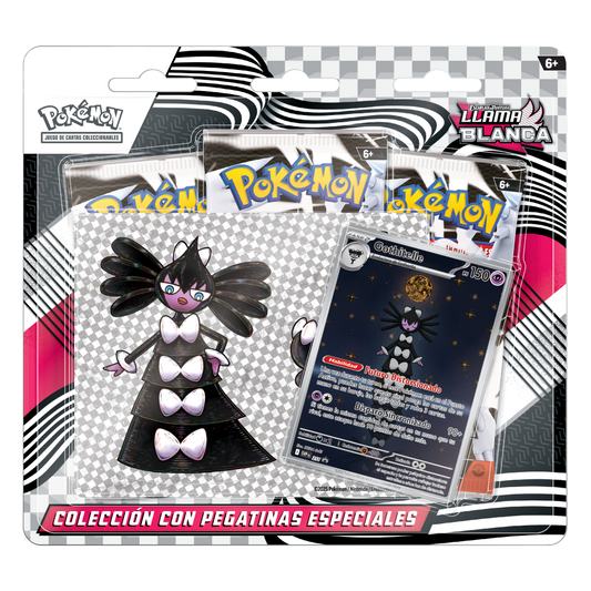 Colección con pegatinas especiales Pokémon Escarlata y Púrpura Llama Blanca con 3 sobres de mejora, carta promocional de Gothitelle y hoja de pegatinas.
