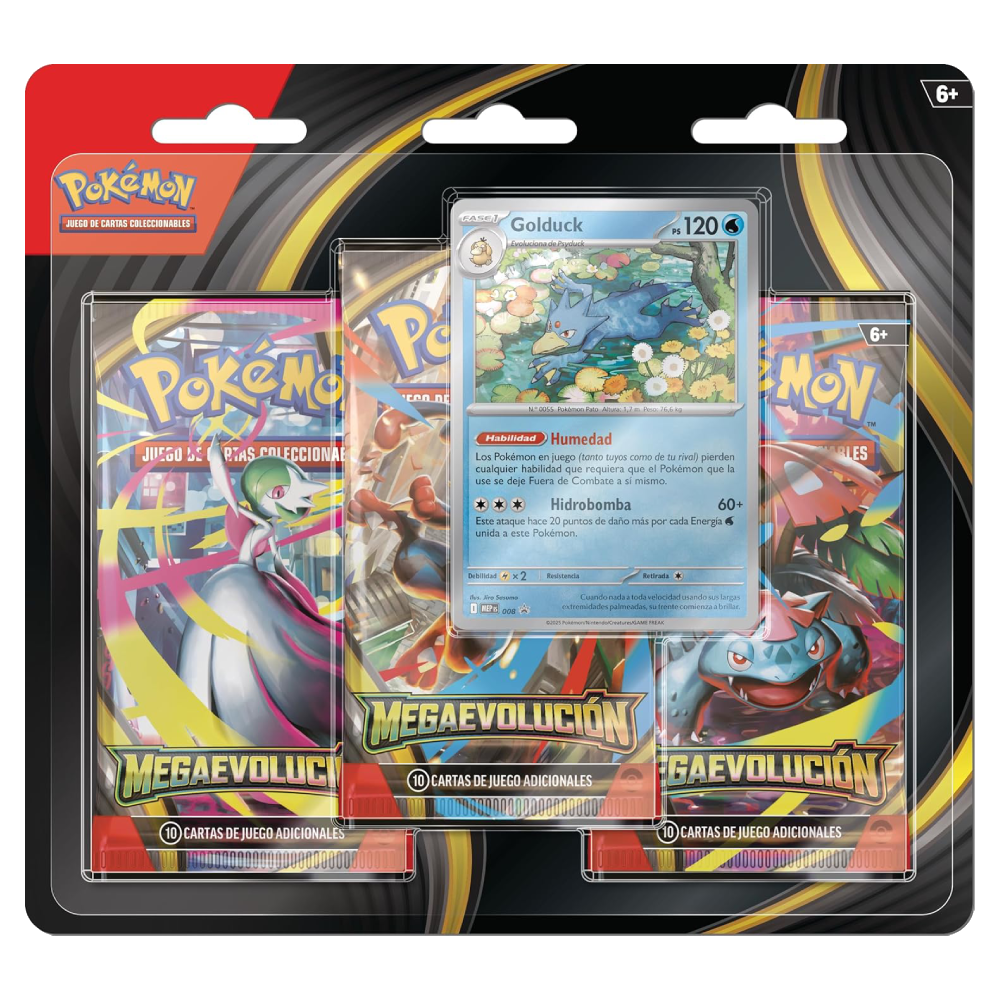 Blíster de 3 sobres Pokémon TCG Megaevolución con carta promocional holográfica de Golduck.