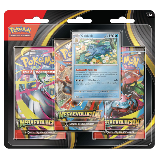 Blíster de 3 sobres Pokémon TCG Megaevolución con carta promocional holográfica de Golduck.