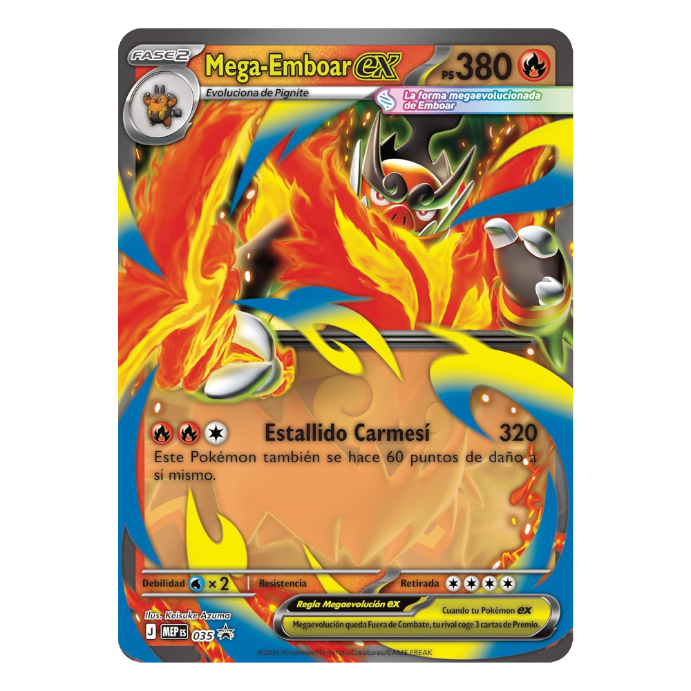 Carta promocional holográfica Mega-Emboar ex incluida en la colección Pokémon Megaevolución Héroes Ascendentes.