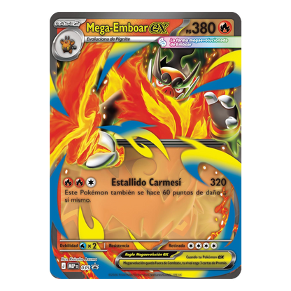 Carta promocional holográfica Mega-Emboar ex incluida en la colección Pokémon Megaevolución Héroes Ascendentes.