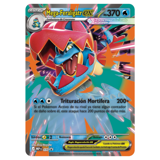 Carta promocional holográfica Mega-Feraligatr ex incluida en la colección Pokémon Megaevolución Héroes Ascendentes.