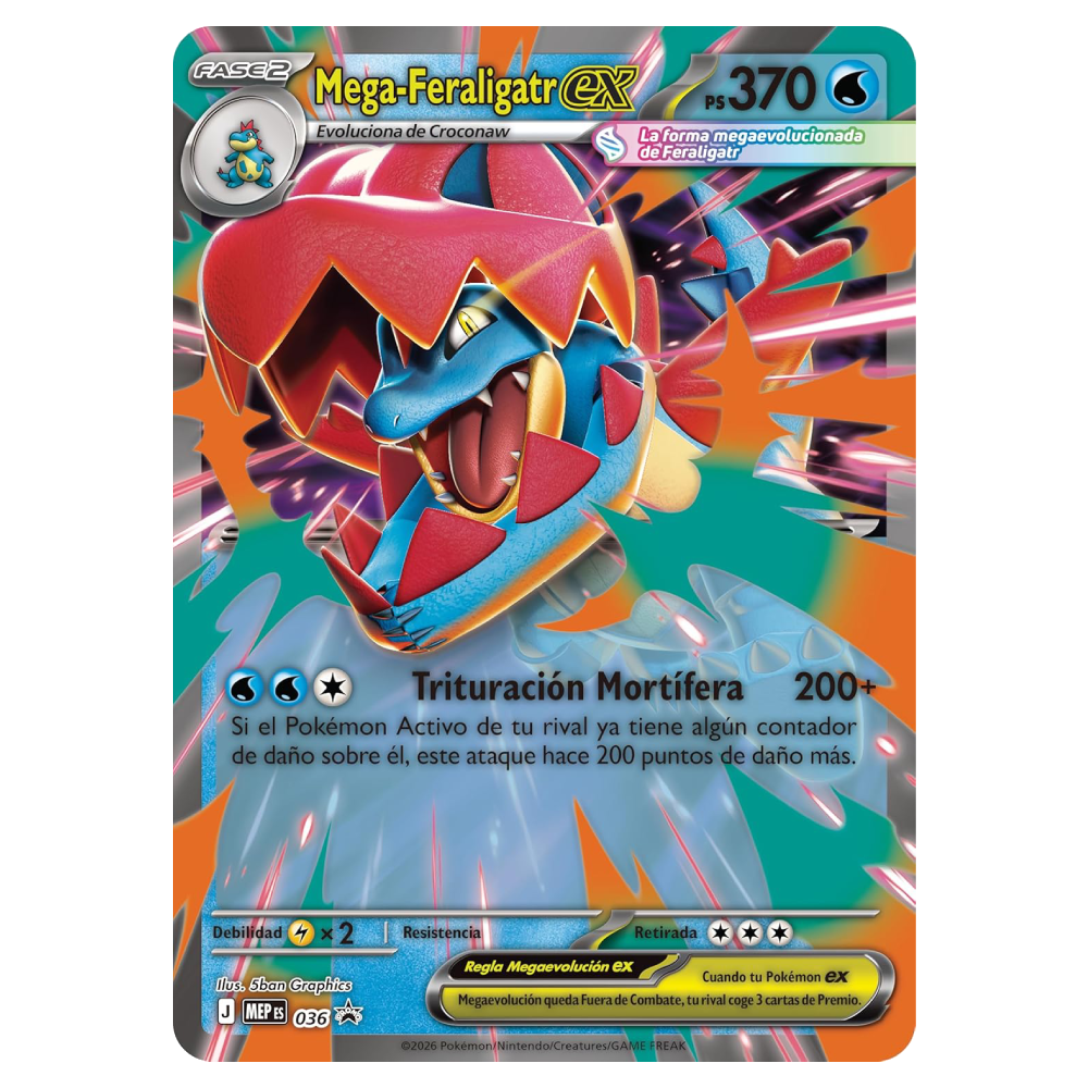 Carta promocional holográfica Mega-Feraligatr ex incluida en la colección Pokémon Megaevolución Héroes Ascendentes.