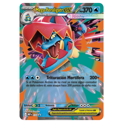 Carta promocional holográfica Mega-Feraligatr ex incluida en la colección Pokémon Megaevolución Héroes Ascendentes.