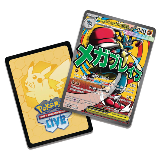 Carta promocional holográfica Mega-Lucario ex incluida en la Colección con Póster Prémium de Pokémon Megaevolución Héroes Ascendentes.
