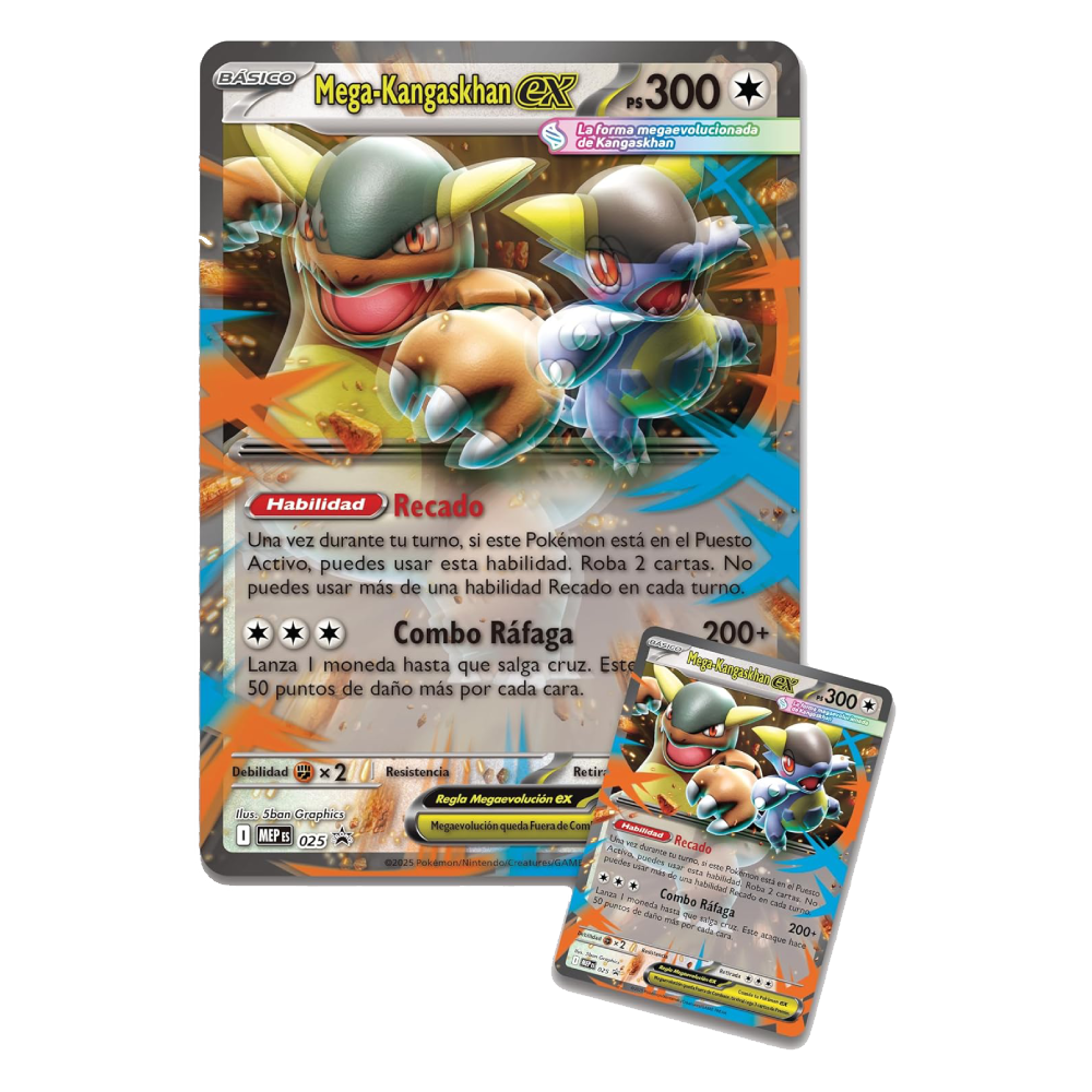 Carta promocional holográfica y carta lenticular con efecto 3D de Mega-Kangaskhan ex de Pokémon JCC.