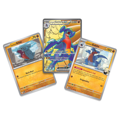 Cartas promocionales holográficas de Cynthia's Garchomp ex, Cynthia's Gabite y Cynthia's Gible de Pokémon TCG.