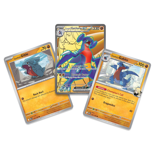 Cartas promocionales holográficas de Cynthia's Garchomp ex, Cynthia's Gabite y Cynthia's Gible de Pokémon TCG.