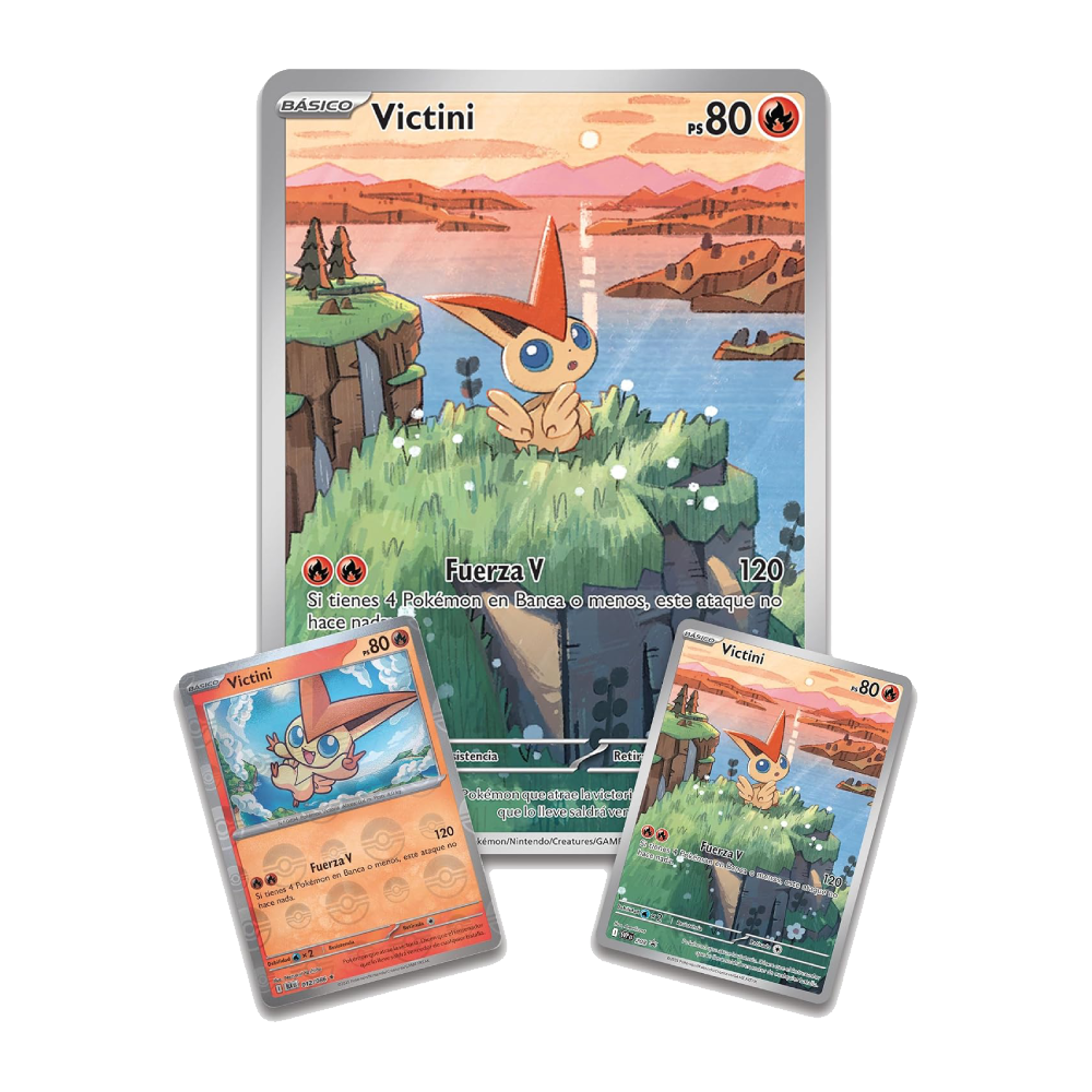 Cartas promocionales de Victini incluidas en la Colección Ilustración Victini de Pokémon JCC.