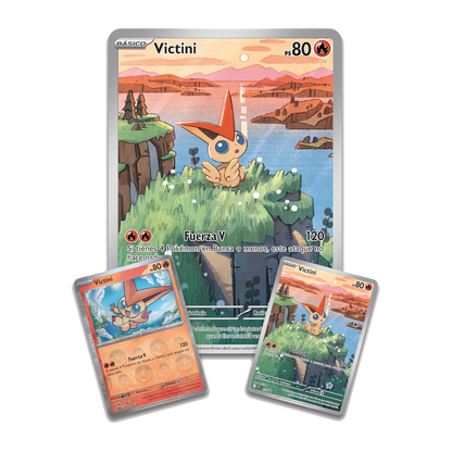 Cartas promocionales de Victini incluidas en la Colección Ilustración Victini de Pokémon JCC.
