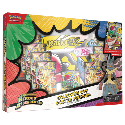 Colección con Póster Prémium Mega-Lucario de Pokémon Megaevolución Héroes Ascendentes con carta promocional, póster gigante y 10 sobres de mejora.