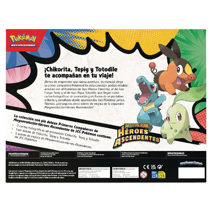 Parte trasera de la Colección Deluxe con Pin Primeros Compañeros de Pokémon Megaevolución Héroes Ascendentes con descripción y contenido del producto.