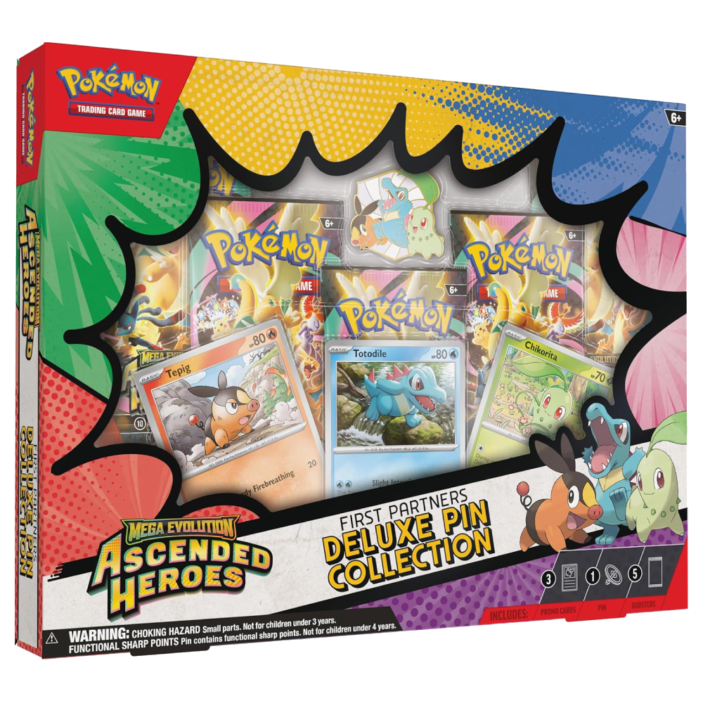 Colección Deluxe con Pin Primeros Compañeros de Pokémon Megaevolución Héroes Ascendentes con cartas promocionales de Chikorita, Tepig y Totodile, pin metálico y 5 sobres. Ascended Heroes Inglés.