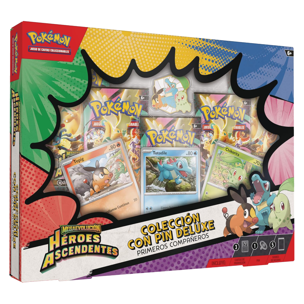 Colección Deluxe con Pin Primeros Compañeros de Pokémon Megaevolución Héroes Ascendentes con cartas promocionales de Chikorita, Tepig y Totodile, pin metálico y 5 sobres.