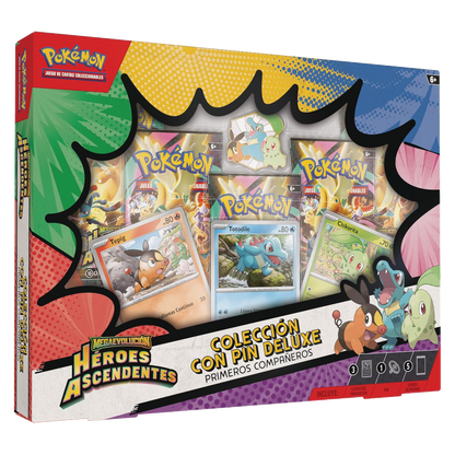 Colección Deluxe con Pin Primeros Compañeros de Pokémon Megaevolución Héroes Ascendentes con cartas promocionales de Chikorita, Tepig y Totodile, pin metálico y 5 sobres.