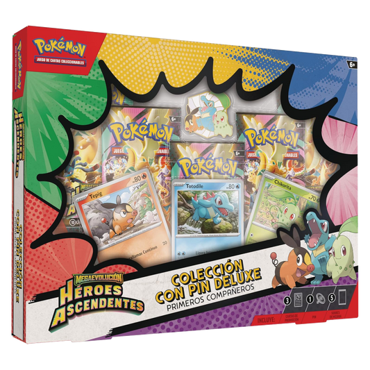 Colección Deluxe con Pin Primeros Compañeros de Pokémon Megaevolución Héroes Ascendentes con cartas promocionales de Chikorita, Tepig y Totodile, pin metálico y 5 sobres.