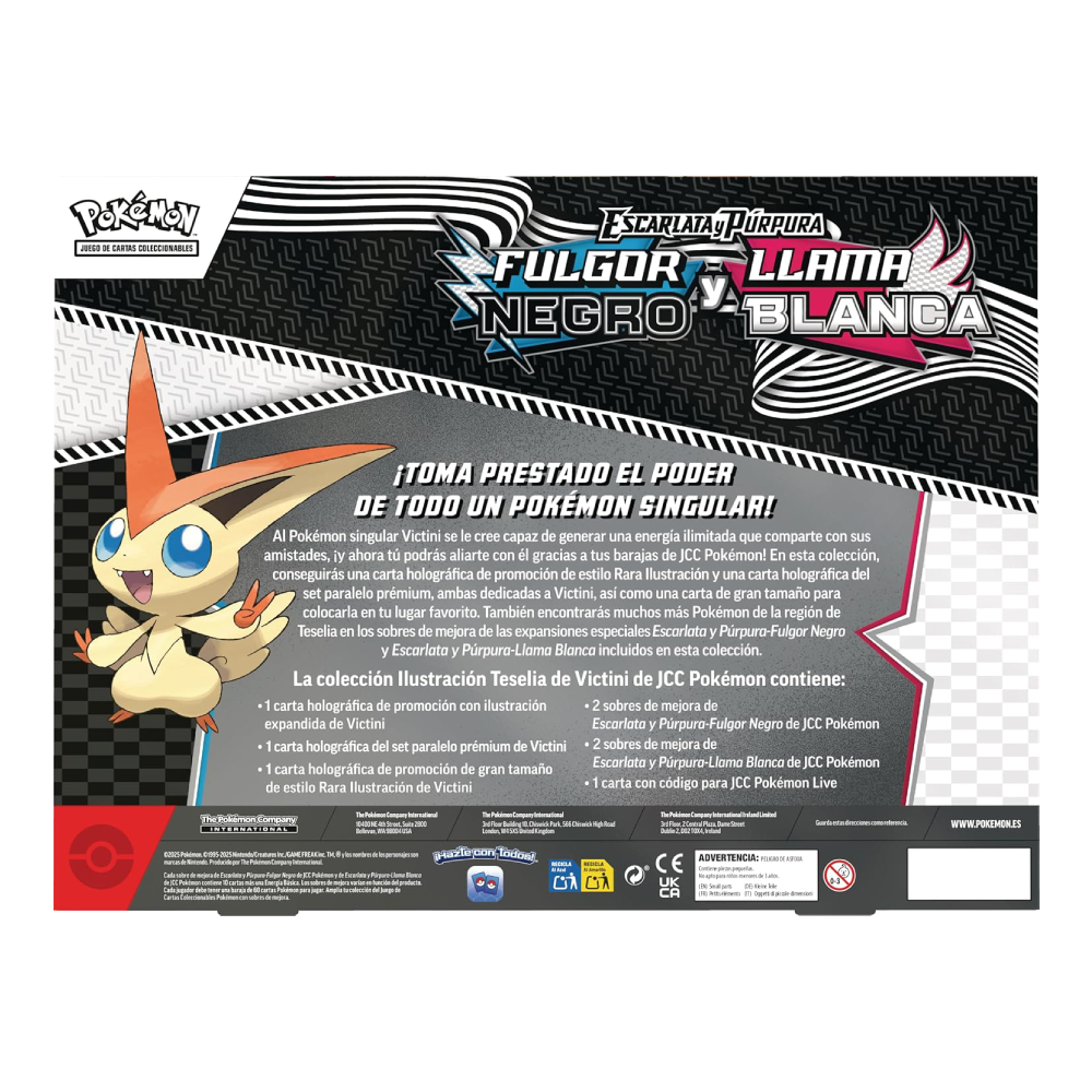Parte trasera de la Colección Ilustración Victini de Pokémon JCC mostrando el contenido incluido.