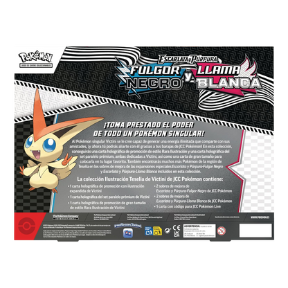 Parte trasera de la Colección Ilustración Victini de Pokémon JCC mostrando el contenido incluido.