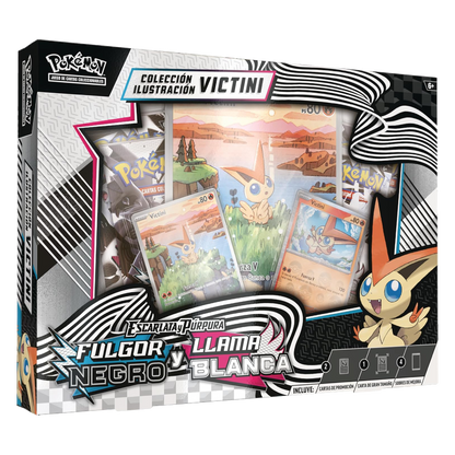 Caja de la Colección Ilustración Victini de Pokémon JCC Escarlata y Púrpura Fulgor Negro y Llama Blanca con cartas promocionales y cuatro sobres de mejora.