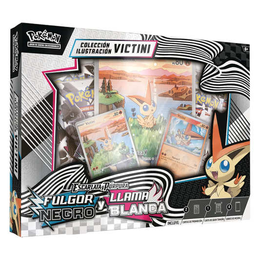 Caja de la Colección Ilustración Victini de Pokémon JCC Escarlata y Púrpura Fulgor Negro y Llama Blanca con cartas promocionales y cuatro sobres de mejora.