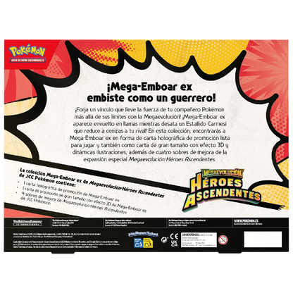 Parte trasera de la colección Mega-Emboar ex de Pokémon Megaevolución Héroes Ascendentes con información y contenido incluido.