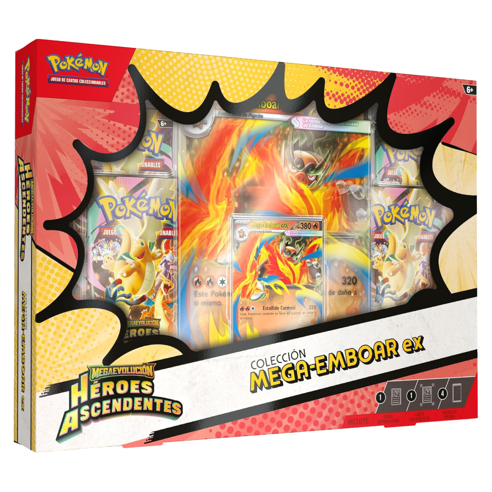 Colección Mega-Emboar ex de Pokémon Megaevolución Héroes Ascendentes con carta promocional, carta jumbo con efecto 3D y 4 sobres de mejora.
