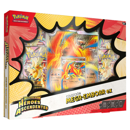 Colección Mega-Emboar ex de Pokémon Megaevolución Héroes Ascendentes con carta promocional, carta jumbo con efecto 3D y 4 sobres de mejora.