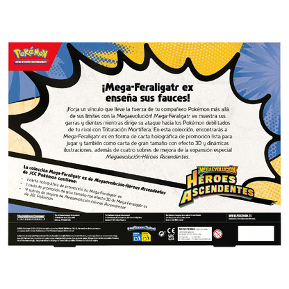 Parte trasera de la colección Mega-Feraligatr ex de Pokémon Megaevolución Héroes Ascendentes con información y contenido incluido.