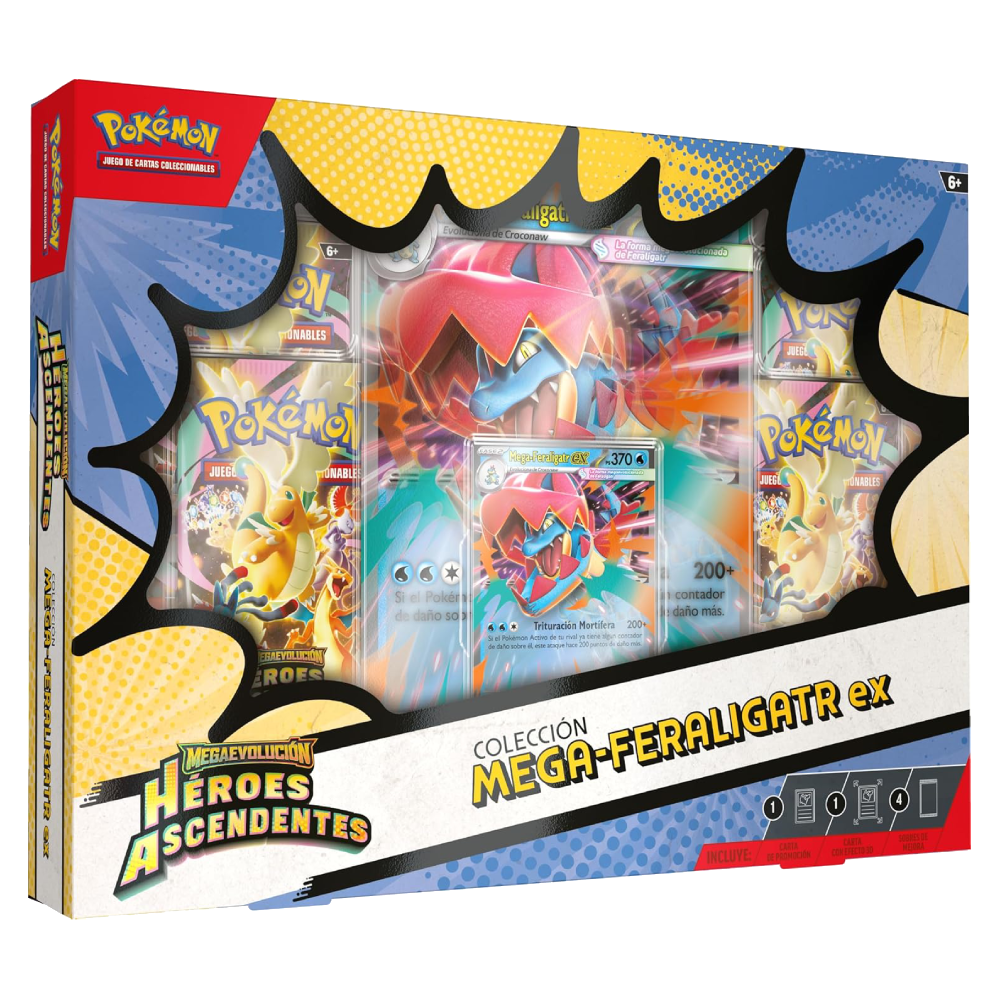 Colección Mega-Feraligatr ex de Pokémon Megaevolución Héroes Ascendentes con carta promocional, carta jumbo con efecto 3D y 4 sobres de mejora.