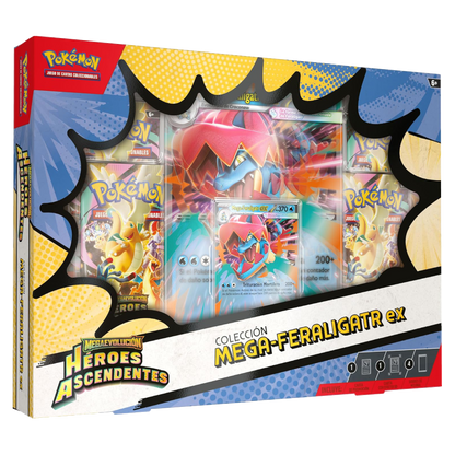 Colección Mega-Feraligatr ex de Pokémon Megaevolución Héroes Ascendentes con carta promocional, carta jumbo con efecto 3D y 4 sobres de mejora.