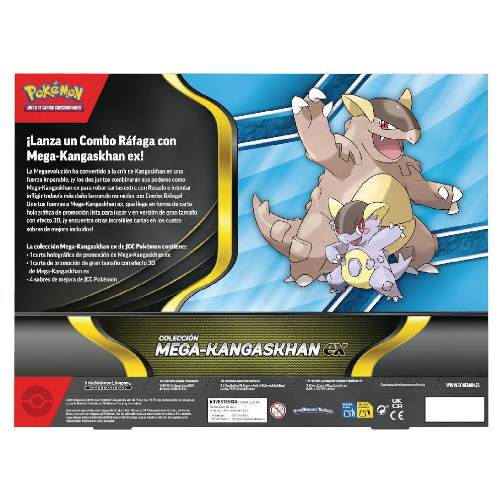 Parte trasera de la Colección Mega-Kangaskhan ex de Pokémon JCC mostrando el contenido incluido.
