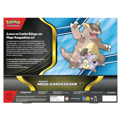 Parte trasera de la Colección Mega-Kangaskhan ex de Pokémon JCC mostrando el contenido incluido.