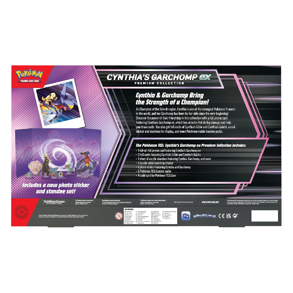 Parte trasera de la Colección Premium Cynthia y Garchomp ex de Pokémon TCG mostrando el contenido incluido.